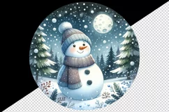 Watercolor cute snowman scarf hat winter forest snowflakes night moon print 20 oz tumbler skinny mug wrap clipart t-shirt sublimation printable design