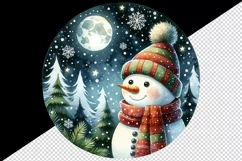 Watercolor cute snowman scarf hat winter forest snowflakes night moon print 20 oz tumbler skinny mug wrap clipart t-shirt sublimation printable design