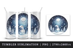 Watercolor cute snowman scarf hat winter forest snowflakes night moon print 20 oz tumbler skinny mug wrap clipart t-shirt sublimation printable design