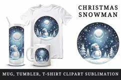 Watercolor cute snowman scarf hat winter forest snowflakes night moon print 20 oz tumbler skinny mug wrap clipart t-shirt sublimation printable design