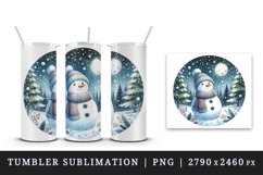 Watercolor cute snowman scarf hat winter forest snowflakes night moon print 20 oz tumbler skinny mug wrap clipart t-shirt sublimation printable design