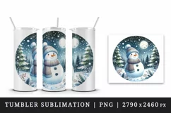 Watercolor cute snowman scarf hat winter forest snowflakes night moon print 20 oz tumbler skinny mug wrap clipart t-shirt sublimation printable design