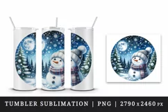 Watercolor cute snowman scarf hat winter forest snowflakes night moon print 20 oz tumbler skinny mug wrap clipart t-shirt sublimation printable design