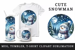 Watercolor cute snowman scarf hat winter forest snowflakes night moon print 20 oz tumbler skinny mug wrap clipart t-shirt sublimation printable design