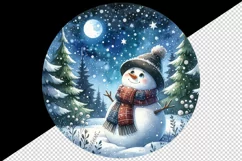 Watercolor cute snowman scarf hat winter forest snowflakes night moon print 20 oz tumbler skinny mug wrap clipart t-shirt sublimation printable design
