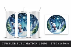 Watercolor cute snowman scarf hat winter forest snowflakes night moon print 20 oz tumbler skinny mug wrap clipart t-shirt sublimation printable design