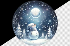 Watercolor cute snowman scarf hat winter forest snowflakes night moon print 20 oz tumbler skinny mug wrap clipart t-shirt sublimation printable design