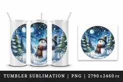Watercolor cute snowman scarf hat winter forest snowflakes night moon print 20 oz tumbler skinny mug wrap clipart t-shirt sublimation printable design