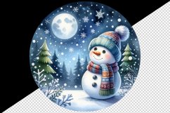 Watercolor cute snowman scarf hat winter forest snowflakes night moon print 20 oz tumbler skinny mug wrap clipart t-shirt sublimation printable design