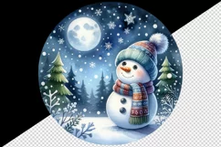 Watercolor cute snowman scarf hat winter forest snowflakes night moon print 20 oz tumbler skinny mug wrap clipart t-shirt sublimation printable design