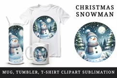 Watercolor cute snowman scarf hat winter forest snowflakes night moon print 20 oz tumbler skinny mug wrap clipart t-shirt sublimation printable design