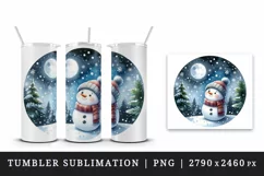 Watercolor cute snowman scarf hat winter forest snowflakes night moon print 20 oz tumbler skinny mug wrap clipart t-shirt sublimation printable design
