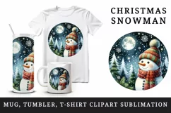Watercolor cute snowman scarf hat winter forest snowflakes night moon print 20 oz tumbler skinny mug wrap clipart t-shirt sublimation printable design