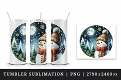 Watercolor cute snowman scarf hat winter forest snowflakes night moon print 20 oz tumbler skinny mug wrap clipart t-shirt sublimation printable design