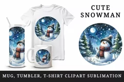 Watercolor cute snowman scarf hat winter forest snowflakes night moon print 20 oz tumbler skinny mug wrap clipart t-shirt sublimation printable design