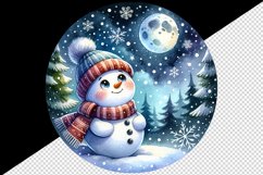 Watercolor cute snowman scarf hat winter forest snowflakes night moon print 20 oz tumbler skinny mug wrap clipart t-shirt sublimation printable design