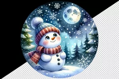 Watercolor cute snowman scarf hat winter forest snowflakes night moon print 20 oz tumbler skinny mug wrap clipart t-shirt sublimation printable design
