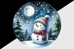 Watercolor cute snowman scarf hat winter forest snowflakes night moon print 20 oz tumbler skinny mug wrap clipart t-shirt sublimation printable design