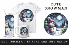 Watercolor cute snowman scarf hat winter forest snowflakes night moon print 20 oz tumbler skinny mug wrap clipart t-shirt sublimation printable design