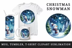 Watercolor cute snowman scarf hat winter forest snowflakes night moon print 20 oz tumbler skinny mug wrap clipart t-shirt sublimation printable design