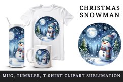 Watercolor cute snowman scarf hat winter forest snowflakes night moon print 20 oz tumbler skinny mug wrap clipart t-shirt sublimation printable design