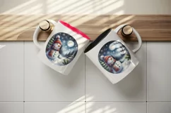 Watercolor cute snowman scarf hat winter forest snowflakes night moon print 20 oz tumbler skinny mug wrap clipart t-shirt sublimation printable design