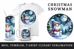 Watercolor cute snowman scarf hat winter forest snowflakes night moon print 20 oz tumbler skinny mug wrap clipart t-shirt sublimation printable design
