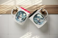 Watercolor cute snowman scarf hat winter forest snowflakes night moon print 20 oz tumbler skinny mug wrap clipart t-shirt sublimation printable design