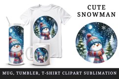 Watercolor cute snowman scarf hat winter forest snowflakes night moon print 20 oz tumbler skinny mug wrap clipart t-shirt sublimation printable design