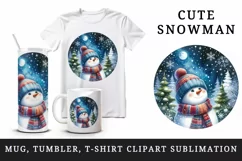 Watercolor cute snowman scarf hat winter forest snowflakes night moon print 20 oz tumbler skinny mug wrap clipart t-shirt sublimation printable design