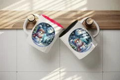 Watercolor cute snowman scarf hat winter forest snowflakes night moon print 20 oz tumbler skinny mug wrap clipart t-shirt sublimation printable design