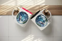 Watercolor cute snowman scarf hat winter forest snowflakes night moon print 20 oz tumbler skinny mug wrap clipart t-shirt sublimation printable design