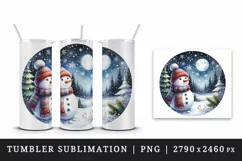 Watercolor cute snowman scarf hat winter forest snowflakes night moon print 20 oz tumbler skinny mug wrap clipart t-shirt sublimation printable design
