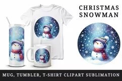 Watercolor cute snowman scarf hat winter forest snowflakes night sky print 20 oz tumbler skinny mug wrap clipart t-shirt sublimation printable design