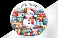 Watercolor cute snowman scarf hat wrapped gifts Joyful Christmas quote print 20oz tumbler skinny mug wrap clipart t-shirt sublimation printable design