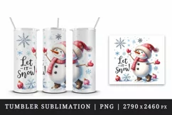 Watercolor cute snowman scarf snowflakes Let it Snow Christmas quote print 20 oz tumbler skinny mug wrap clipart t-shirt sublimation printable design