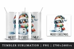 Watercolor cute snowman sunglasses Merry Christmas quote New Year winter print tumbler skinny mug wrap clipart t-shirt sublimation printable design