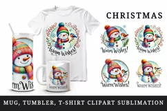 Watercolor cute snowman Warm Wishes quote Christmas New Year winter print 20 oz tumbler skinny mug wrap clipart t-shirt sublimation printable design