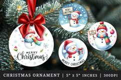 Watercolor cute snowman with red hat sign falling snowflakes Merry Christmas quote New Year winter print round ornament ornaments sublimation design