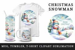 Watercolor cute snowy landscape snowman hat Merry Christmas quote print 20 oz tumbler skinny mug wrap clipart t-shirt sublimation printable design