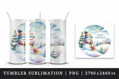 Watercolor cute snowy landscape snowman hat Merry Christmas quote print 20 oz tumbler skinny mug wrap clipart t-shirt sublimation printable design
