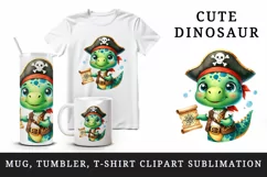 Watercolor cute sparkle dinosaur dino pirate with treasure map print 20 oz tumbler skinny mug wrap clipart t-shirt sublimation printable design