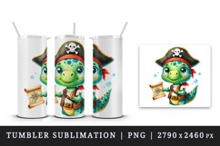 Watercolor cute sparkle dinosaur dino pirate with treasure map print 20 oz tumbler skinny mug wrap clipart t-shirt sublimation printable design