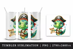Watercolor cute sparkle dinosaur dino pirate with treasure map print 20 oz tumbler skinny mug wrap clipart t-shirt sublimation printable design