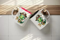 Watercolor cute sparkle dinosaur dino pirate with treasure map print 20 oz tumbler skinny mug wrap clipart t-shirt sublimation printable design