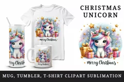 Watercolor cute sparkle unicorn present gift Merry Christmas quote print 20 oz tumbler skinny mug wrap clipart t-shirt sublimation printable design