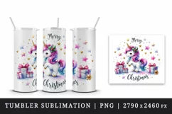 Watercolor cute sparkle unicorn present gift Merry Christmas quote print 20 oz tumbler skinny mug wrap clipart t-shirt sublimation printable design