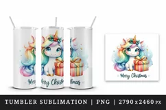 Watercolor cute sparkle unicorn present gift Merry Christmas quote print 20 oz tumbler skinny mug wrap clipart t-shirt sublimation printable design