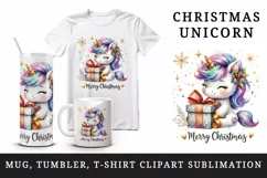 Watercolor cute sparkle unicorn present gift Merry Christmas quote print 20 oz tumbler skinny mug wrap clipart t-shirt sublimation printable design