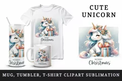 Watercolor cute sparkle unicorn present gift Merry Christmas quote print 20 oz tumbler skinny mug wrap clipart t-shirt sublimation printable design